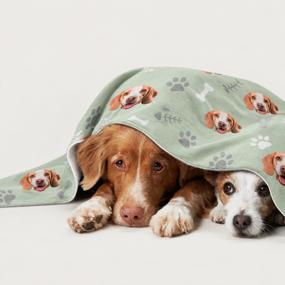 Zwei Hunde liegen unter einer personalisierten Decke in Pastellgrün mit Hundemotiven.
