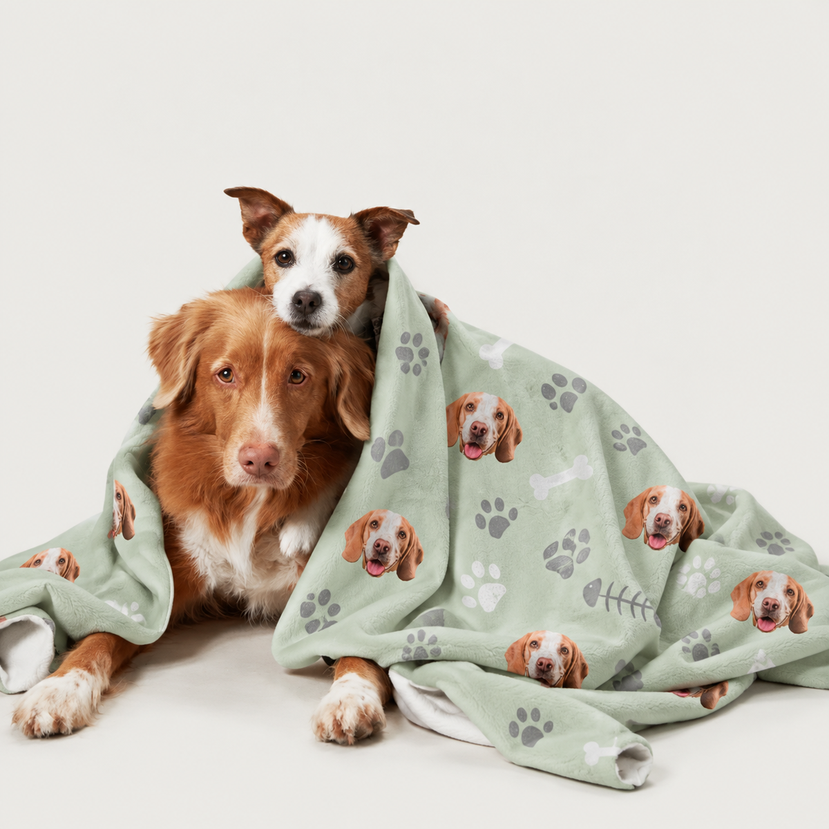 Haustierdecke in Mintgrün mit Hunde-Motiven, zwei Hunde liegen eingekuschelt darin.