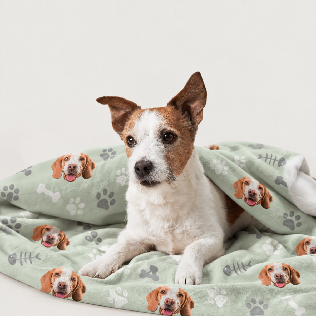 Personalisierte Haustierdecke mit grünem Hintergrund und aufgedruckten Hundemotiven, umhüllt von einem Hund.