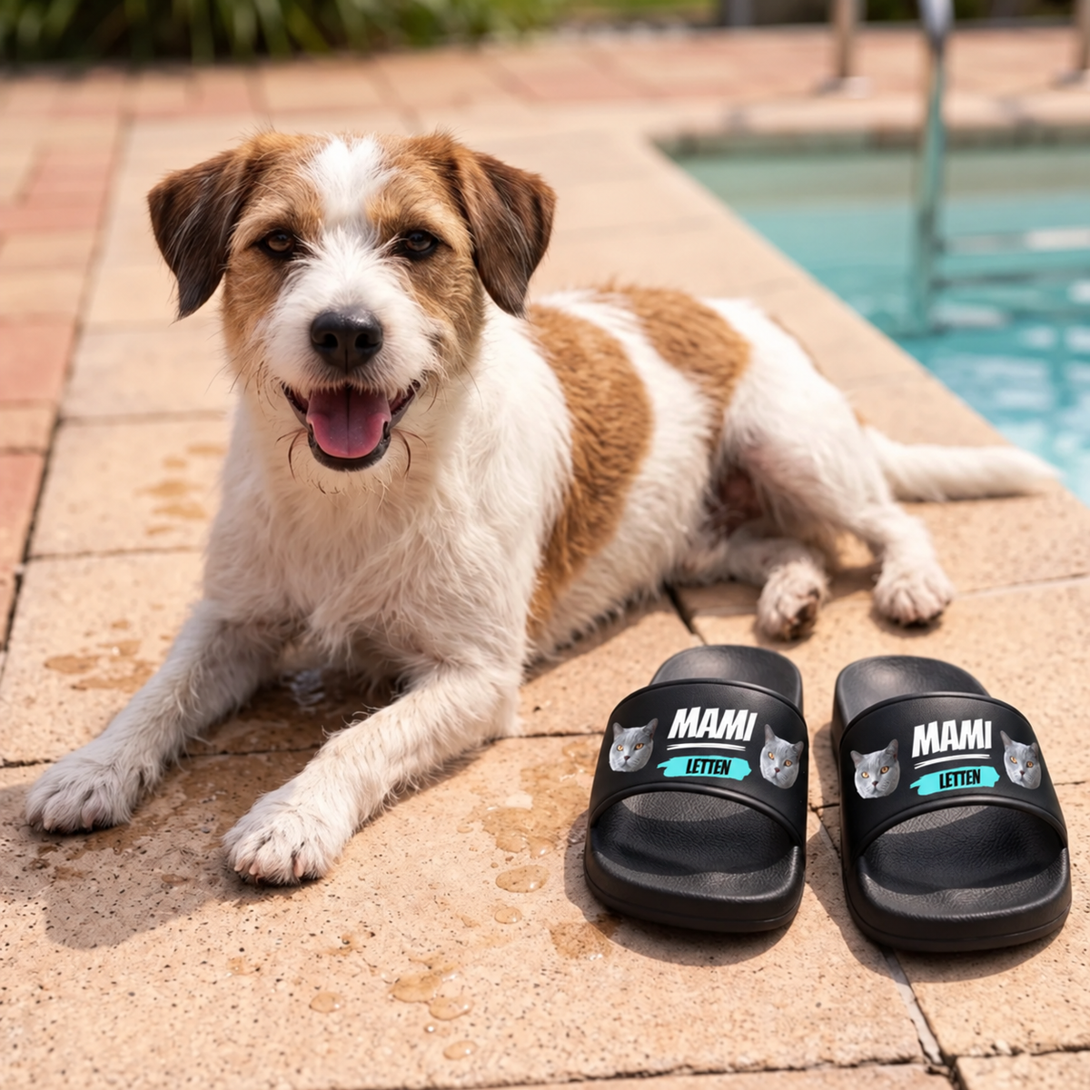 Personalisierte Badelatschen in Schwarz mit Katzenmotiven, neben einem Hund auf einem Pooldeck.