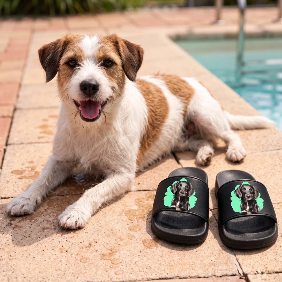 Personalisierte schwarze Badelatschen mit Haustierporträt, neben einem Hund am Pool.
