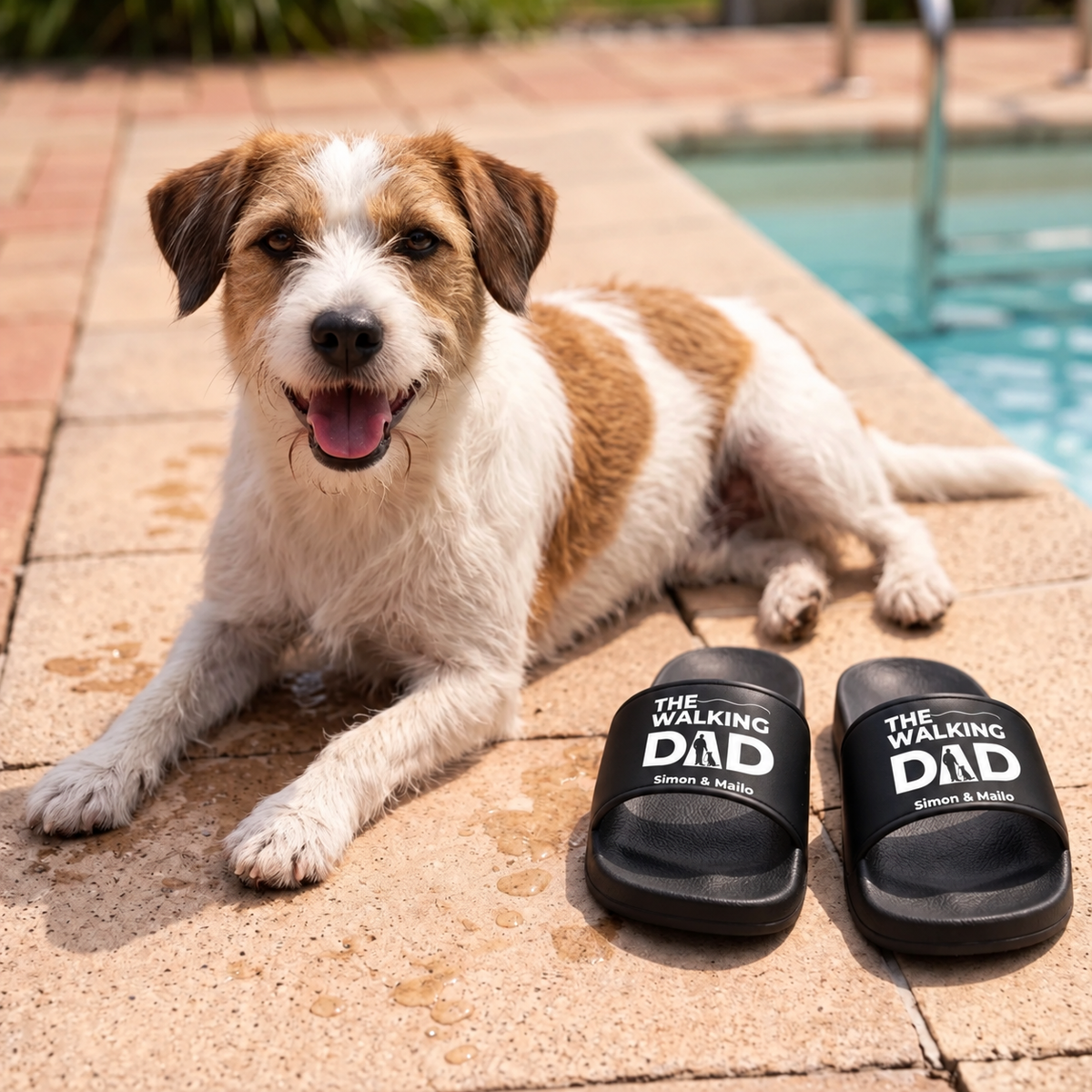 Personalisierte Badelatschen in Schwarz mit Aufdruck "THE WALKING DAD" neben einem Hund am Pool.