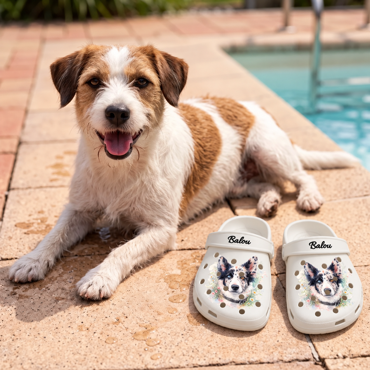 Personalisierte Clogs in Weiß mit Aquarelldruck eines Hundes und dem Namen Balou, liegend auf einem Bodenbelag.