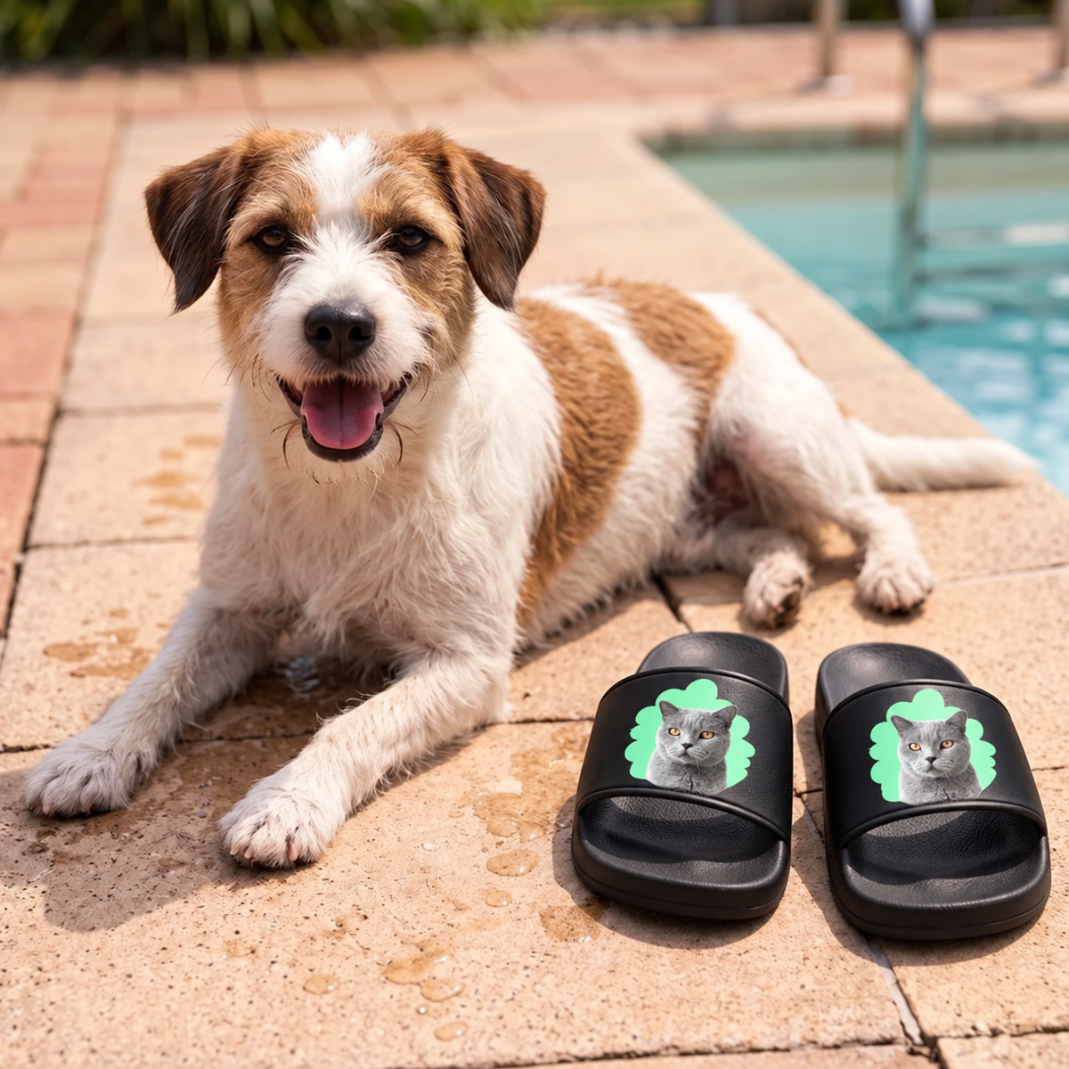 Schwarze Badelatschen mit Katzenportrait auf dem Riemen, liegend neben einem Hund auf einem Pooldeck.