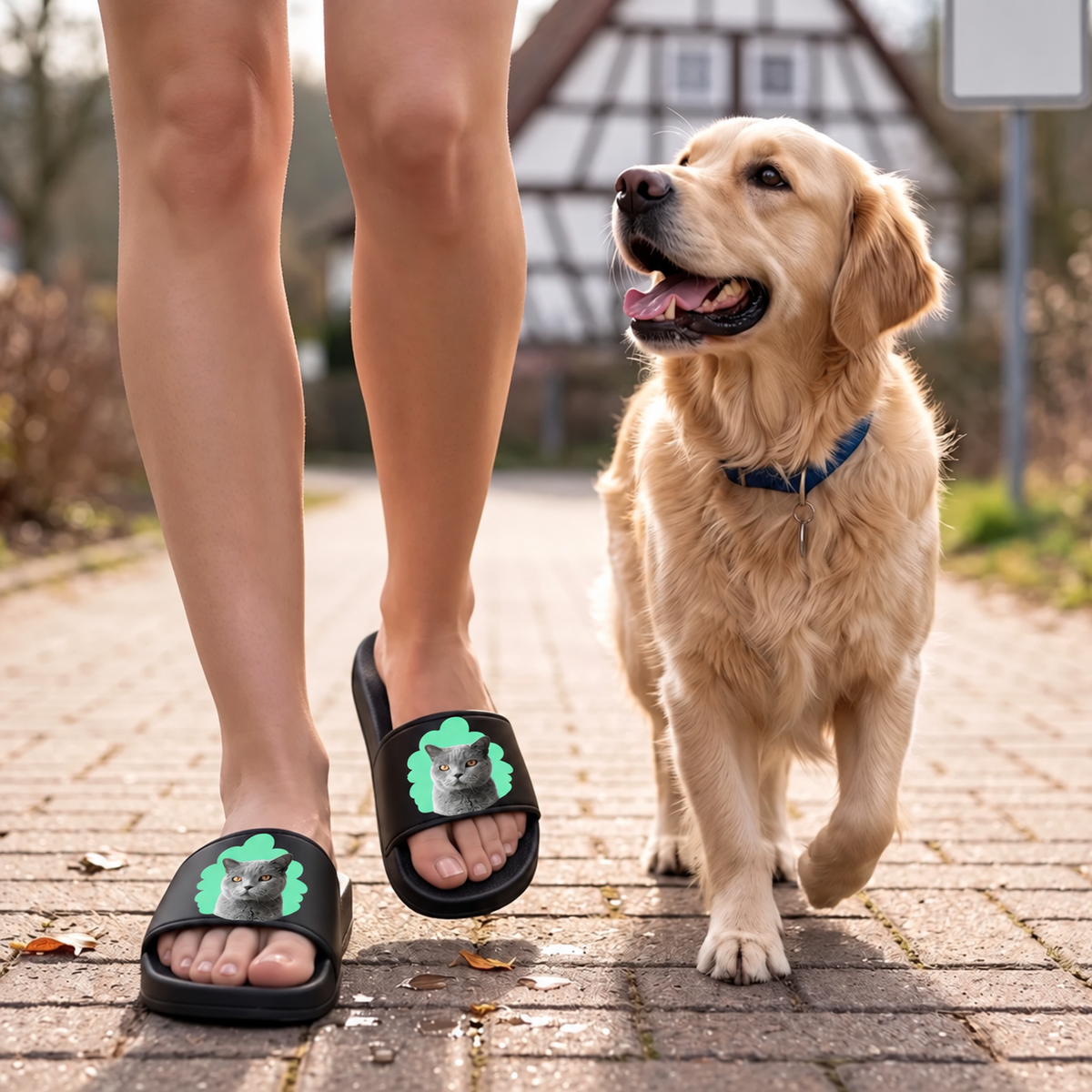Personalisierte Badelatschen in Schwarz mit Katzenportrait, getragen von einer Person, die mit einem Hund spazieren geht.
