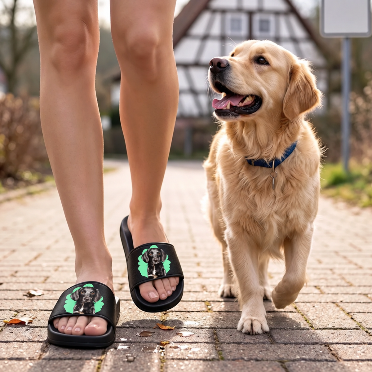 Personalisierte Badelatschen mit Haustierportrait, schwarze Farbe, im Einsatz beim Spaziergang mit Hund.