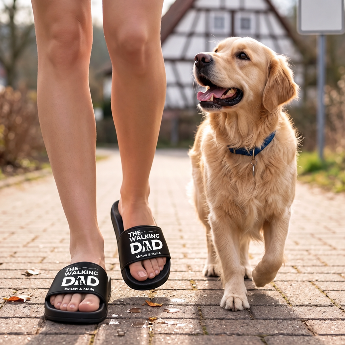 Schwarze Badelatschen mit dem Aufdruck "THE WALKING DAD", getragen beim Spaziergang mit einem Golden Retriever.