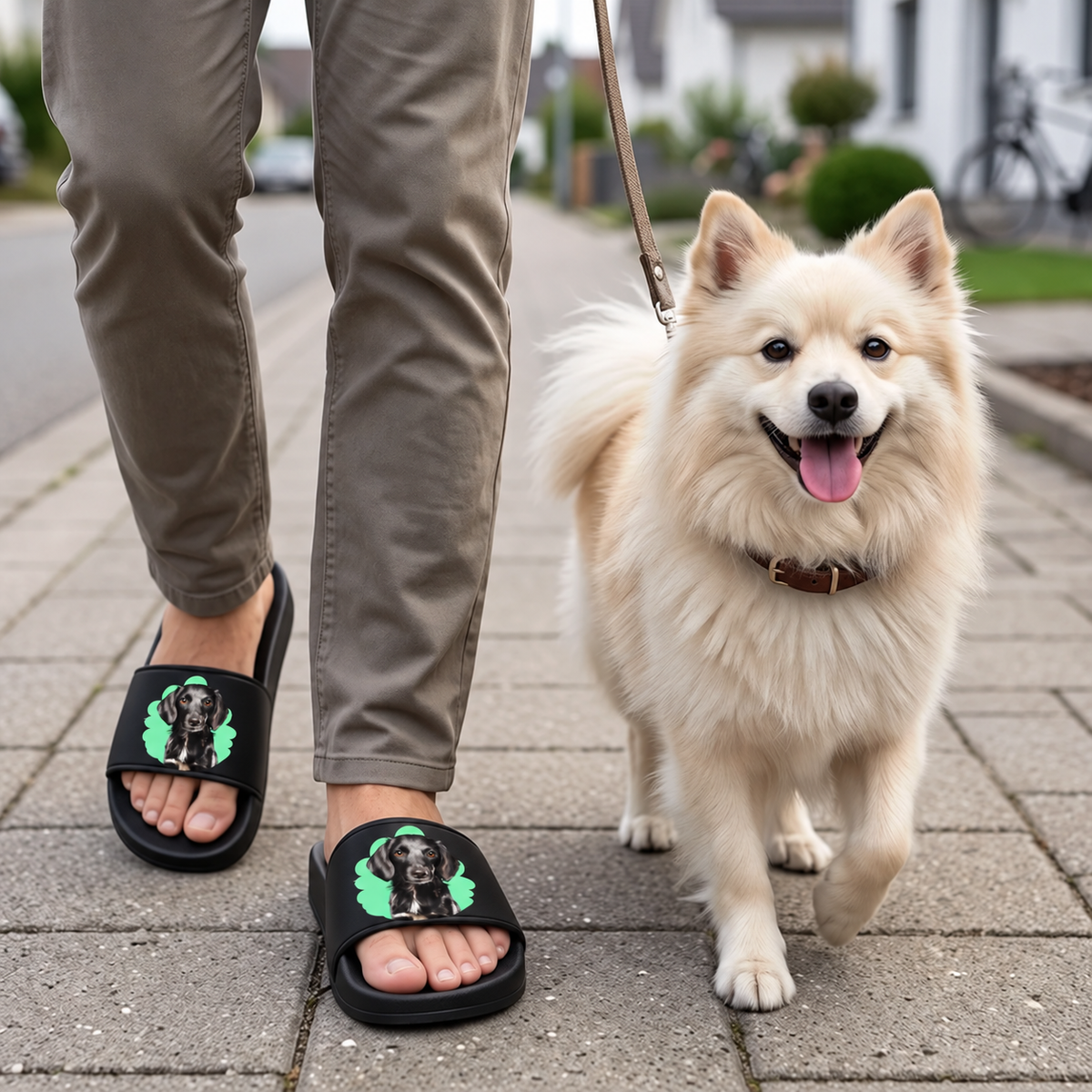 Schwarze Badelatschen mit Haustierportrait und grüner Umrandung, getragen von Person, die mit Hund spaziert.