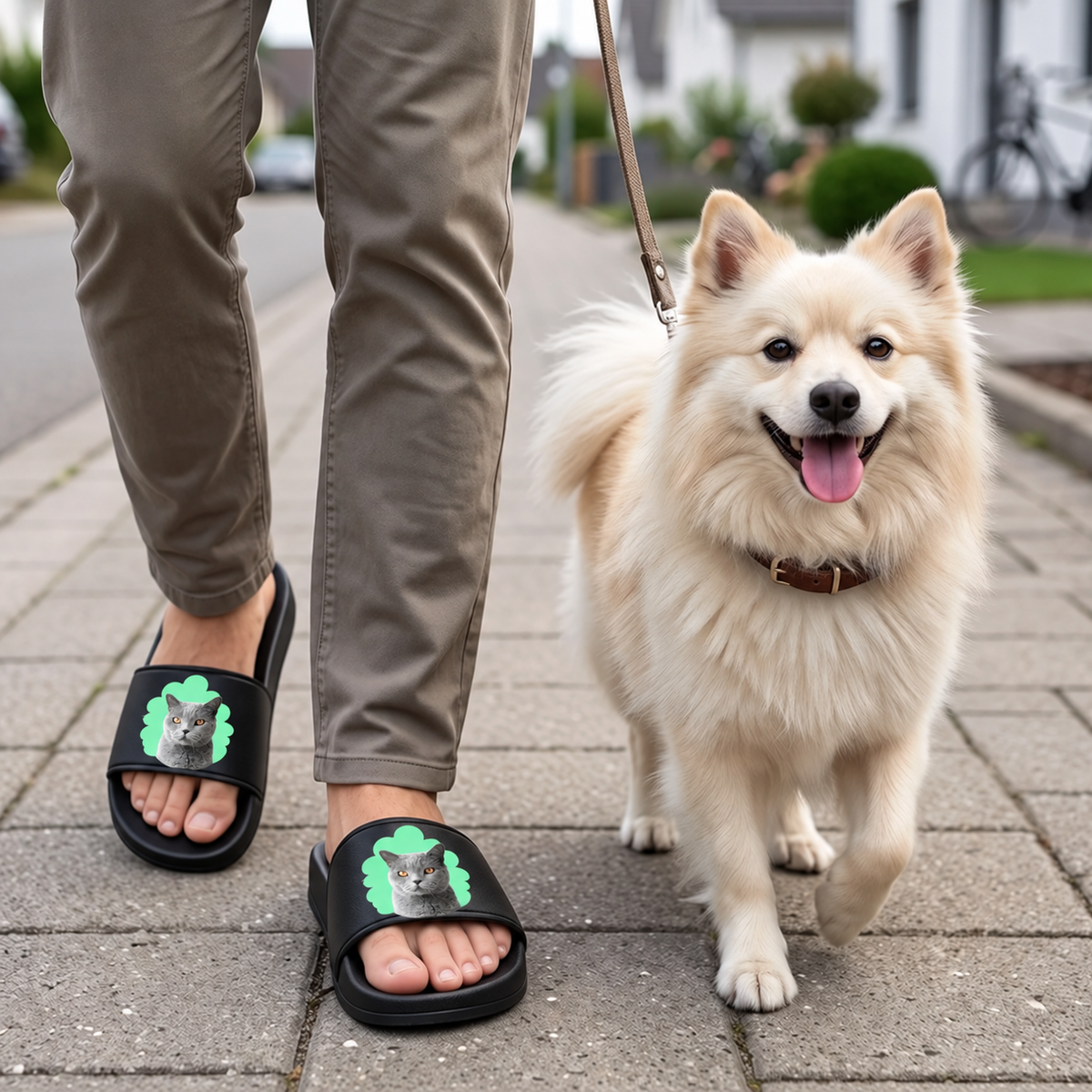 Personalisierte Badelatschen mit Katzenportrait, schwarze Farbe, getragen von einer Person beim Spazierengehen mit einem Hund.