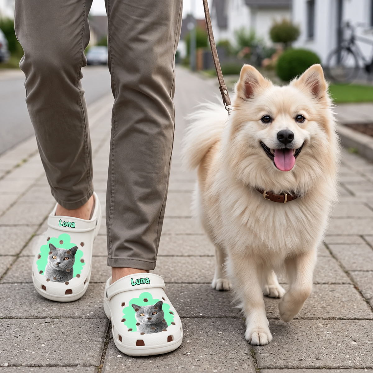 Personalisierte Clogs mit Katzenportrait, hellbeige, getragen von einer Person mit einem Hund auf der Straße.