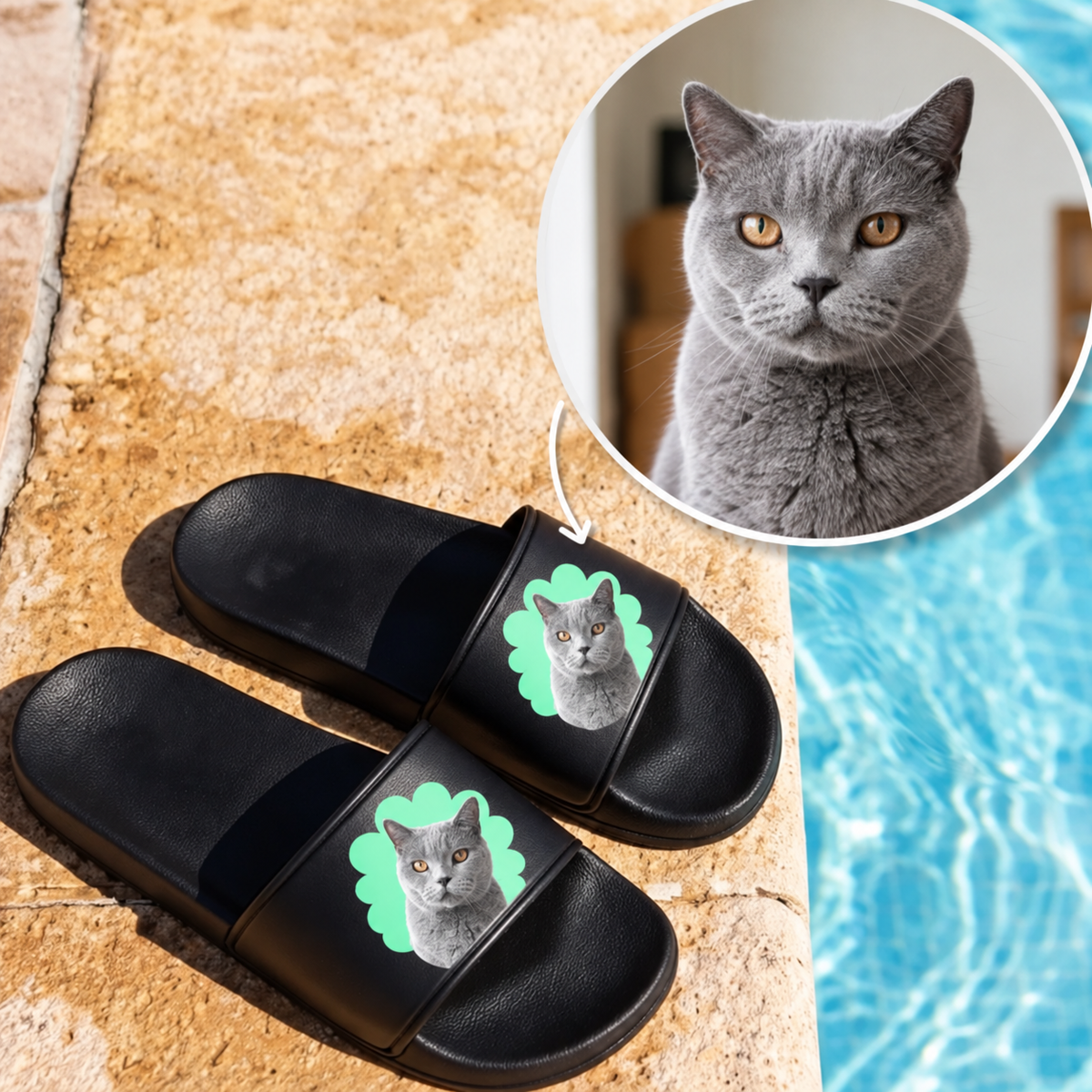 Schwarze Badelatschen mit personalisiertem Katzenportrait auf dem Riemen.