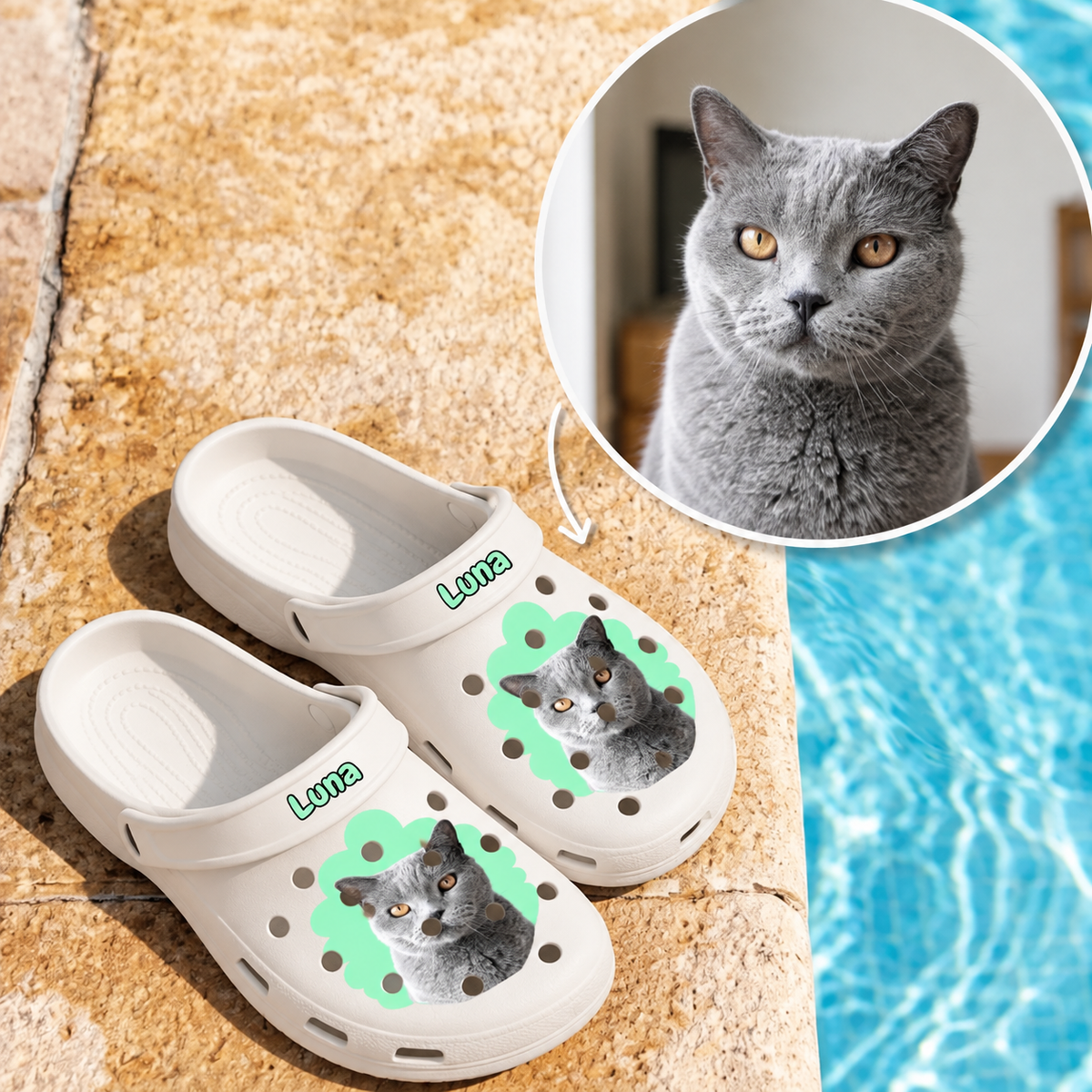 Personalisierte Clogs in Weiß mit grauem Katzenportrait und dem Namen "Luna" auf der Oberseite.