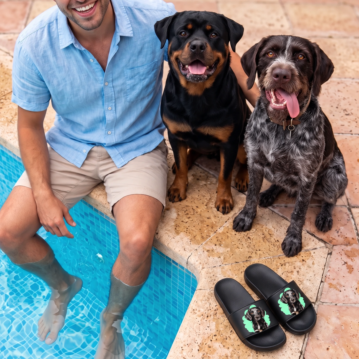 Personalisierte Badelatschen mit Haustierportrait, schwarz, neben einem Mann und zwei Hunden am Pool.