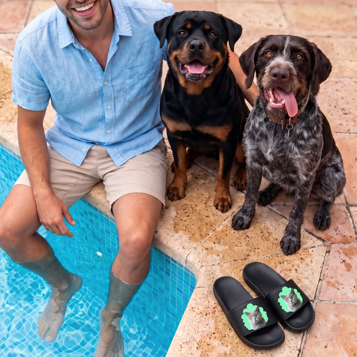 Personalisierte Badelatschen in Schwarz mit Haustierportrait einer Katze, daneben sitzt ein Mann mit zwei Hunden.