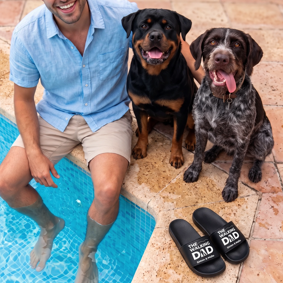 Personalisierte Badelatschen in Schwarz mit Aufdruck "THE WALKING DAD", neben einem Mann und zwei Hunden am Pool.