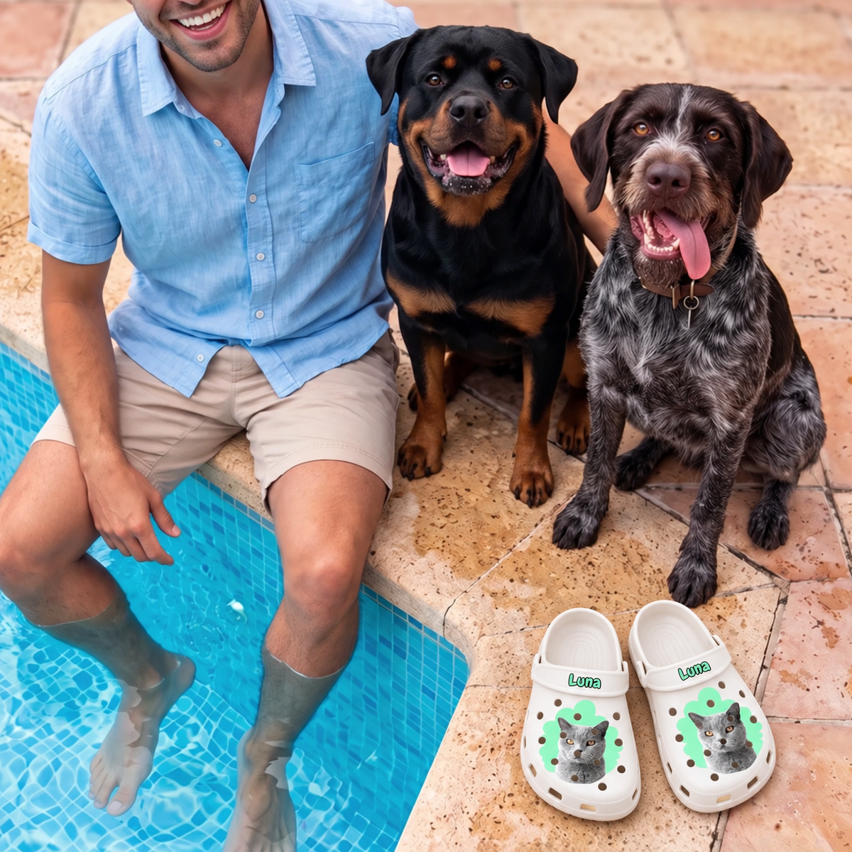 Personalisierte weiße Clogs mit Haustierportrait einer Katze, neben einem Mann und zwei Hunden am Pool.