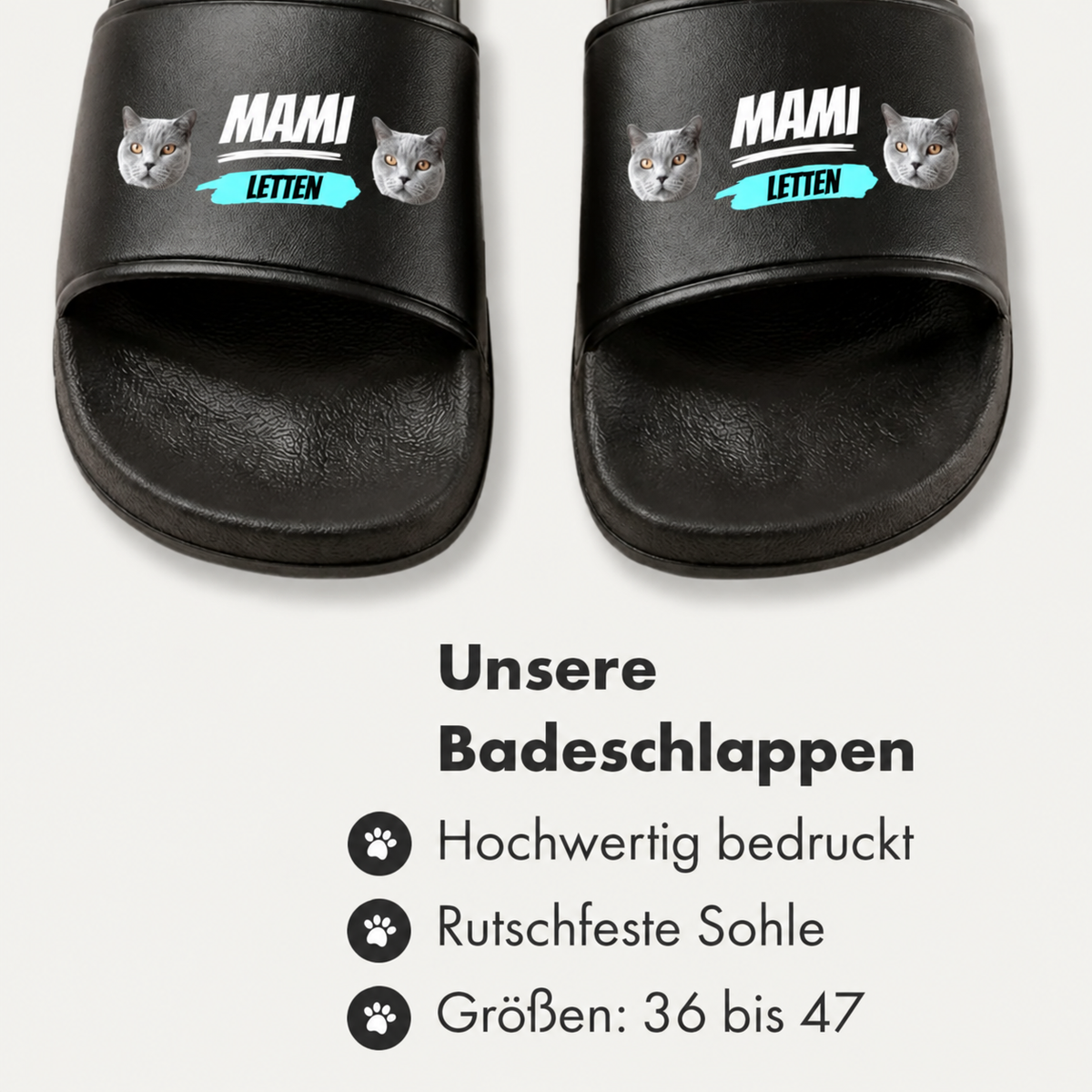 Personalisierte Badelatschen in Schwarz mit Aufdruck "MAMI LETTEN" und Katzenmotiven. Rutschfeste Sohle, Größen 36 bis 47.