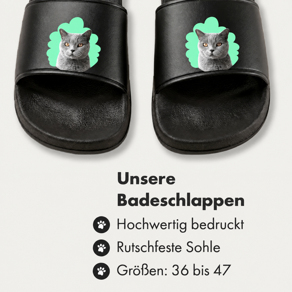 Schwarze Badelatschen mit Katzenporträt auf grünem Hintergrund, rutschfeste Sohle, Größen 36 bis 47.