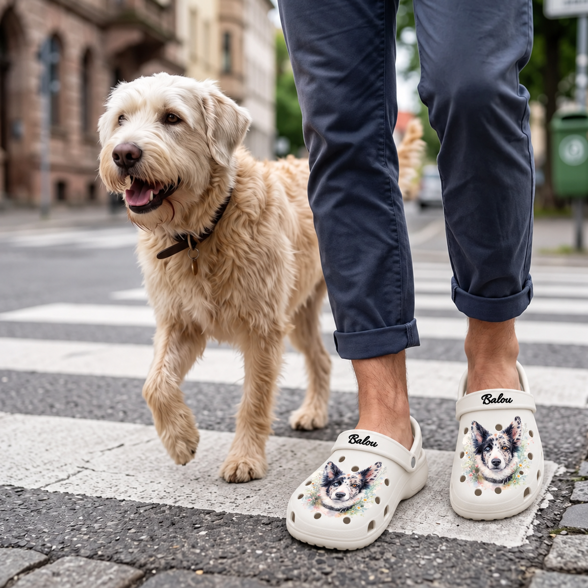 Person trägt personalisierte Clogs mit Aquarell-Hundemotiv und geht spazieren mit einem Hund.