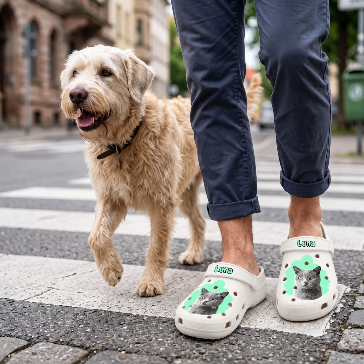 Personalisierte Clogs in Weiß mit Katzenporträt und dem Namen "Luna", getragen von einer Person mit Hund auf der Straße.